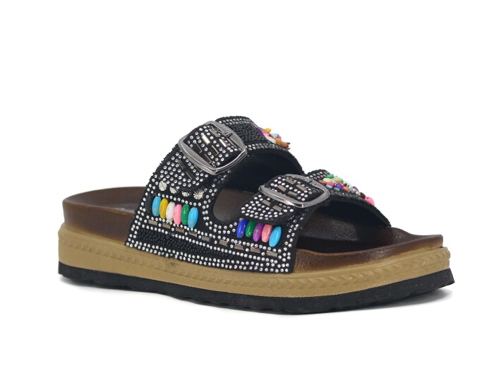 Foxter Zenne Z-9002 Boyalı Taban Renkli Taşlı Çift Toka Kutulu Günlük Terlik Siyah - Renkli Taşlı - Foxter