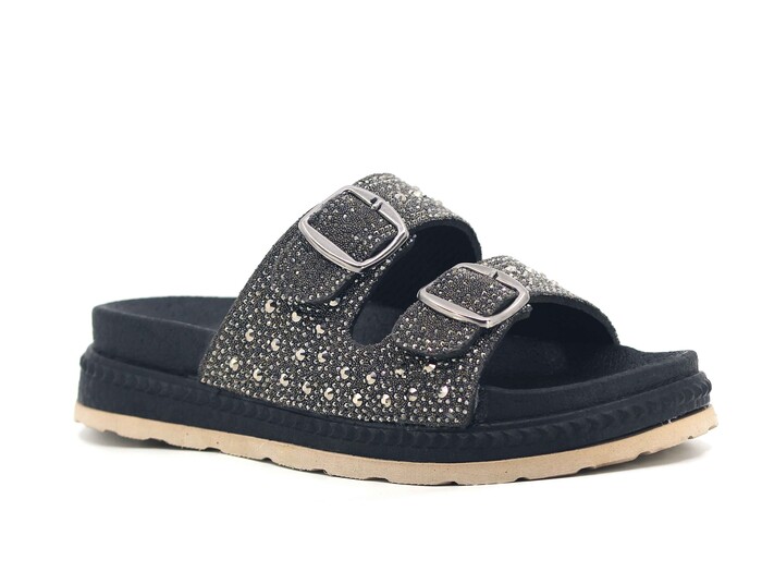 Foxter Zenne Z-9002 Köpük Taban Taşlı Çift Toka Kutulu Günlük Terlik Füme - Foxter