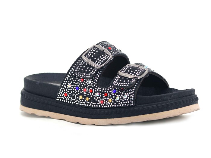 Foxter Zenne Z-9002 Köpük Taban Taşlı Çift Toka Kutulu Günlük Terlik Siyah - Renkli Taşlı - Foxter