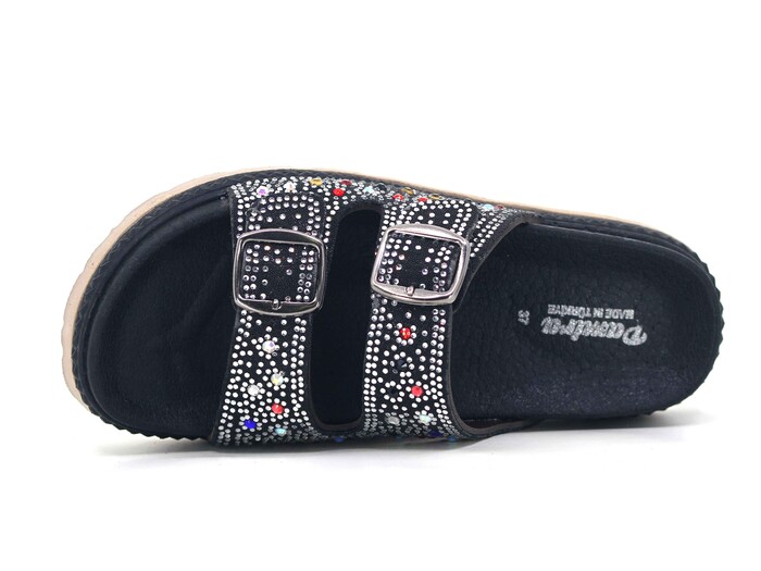 Foxter Zenne Z-9002 Köpük Taban Taşlı Çift Toka Kutulu Günlük Terlik Siyah - Renkli Taşlı - Foxter (1)