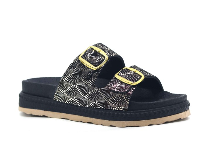 Foxter Zenne Z-9020 Çift Toka Köpük Taban Kutulu Günlük Terlik Siyah - Altın - Foxter