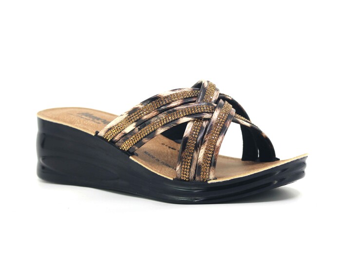 Henedi Zenne 2767 Çapraz Geçmeli Taşlı Ayna Bantlı Kutulu Günlük Terlik Bej - Henedi