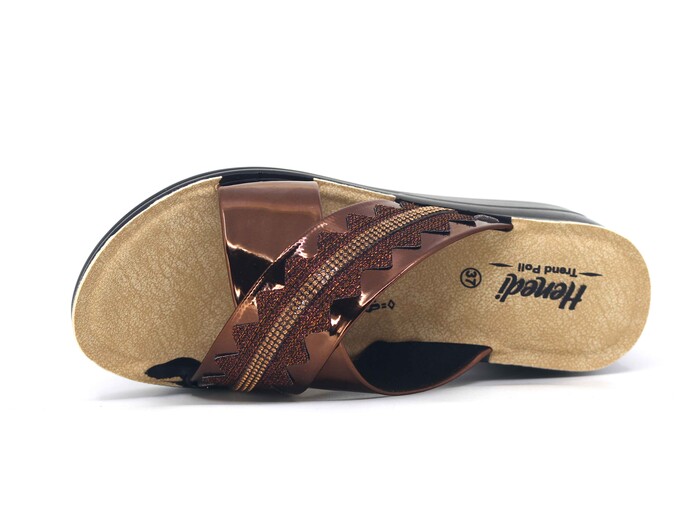 Henedi Zenne 2554 Çapraz Taşlı Ayna Bantlı Kutulu Günlük Terlik Bronz - 2