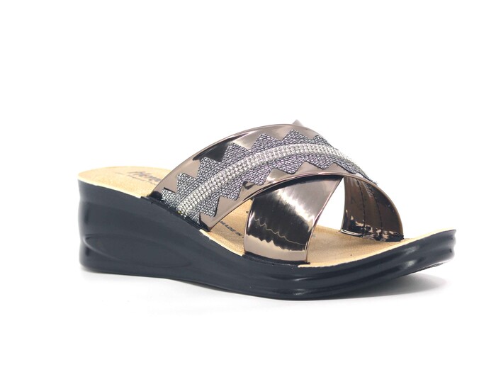 Henedi Zenne 2554 Çapraz Taşlı Ayna Bantlı Kutulu Günlük Terlik Gümüş 