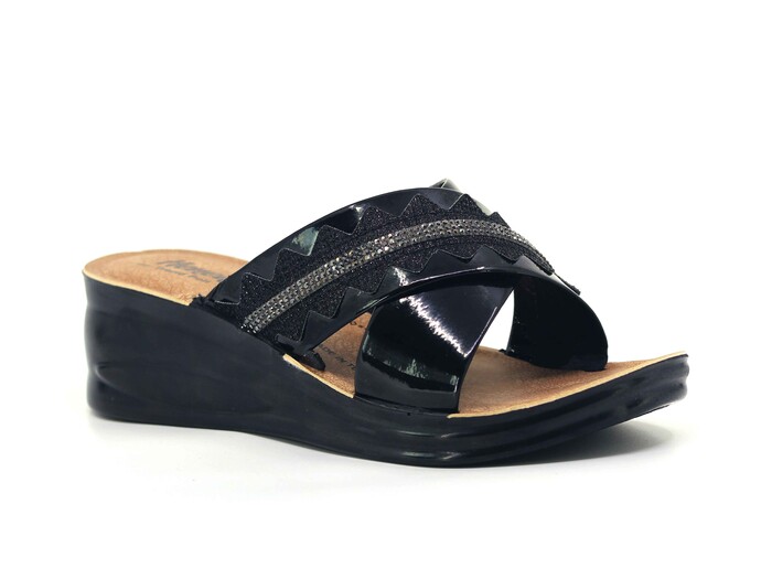 Henedi Zenne 2554 Çapraz Taşlı Ayna Bantlı Kutulu Günlük Terlik Siyah - Füme 