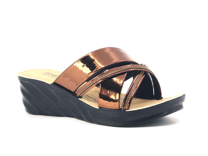 Henedi Zenne 2572 Çapraz Taşlı Ayna Bantlı Kutulu Günlük Terlik Bronz - 1