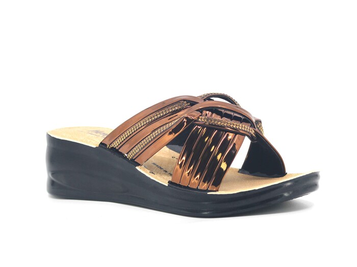 Henedi Zenne 2585 Çapraz Taşlı Ayna Bantlı Kutulu Günlük Terlik Bronz - Henedi