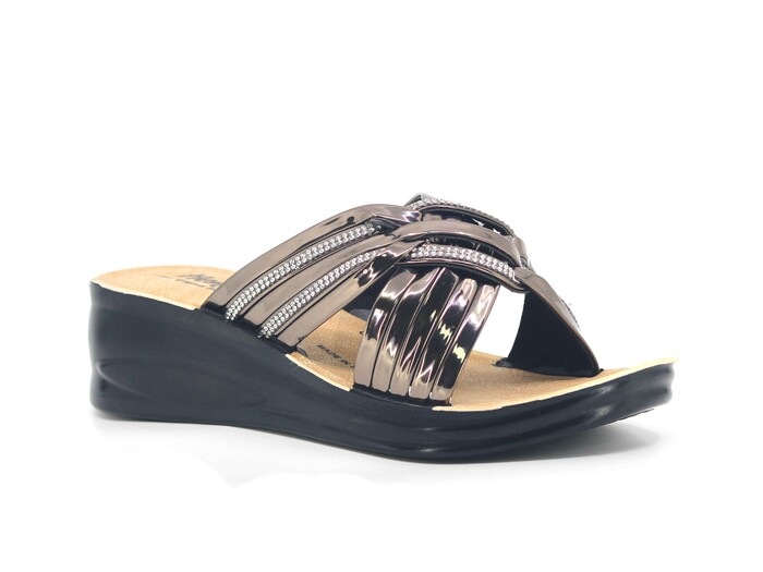 Henedi Zenne 2585 Çapraz Taşlı Ayna Bantlı Kutulu Günlük Terlik Füme - 1