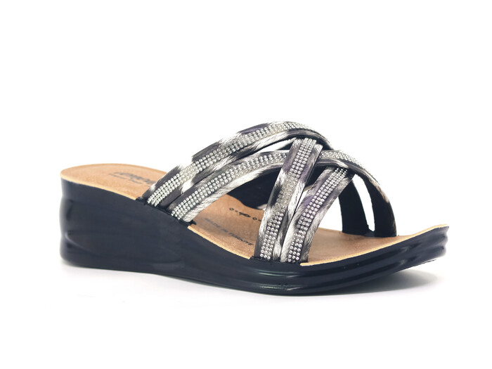 Henedi Zenne 2767 Çapraz Geçmeli Taşlı Ayna Bantlı Kutulu Günlük Terlik Siyah - Beyaz - 1