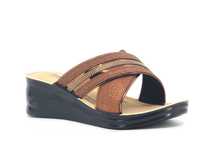 Henedi Zenne 2581 Çapraz Taşlı Ayna Bantlı Kutulu Günlük Terlik Bronz - Henedi