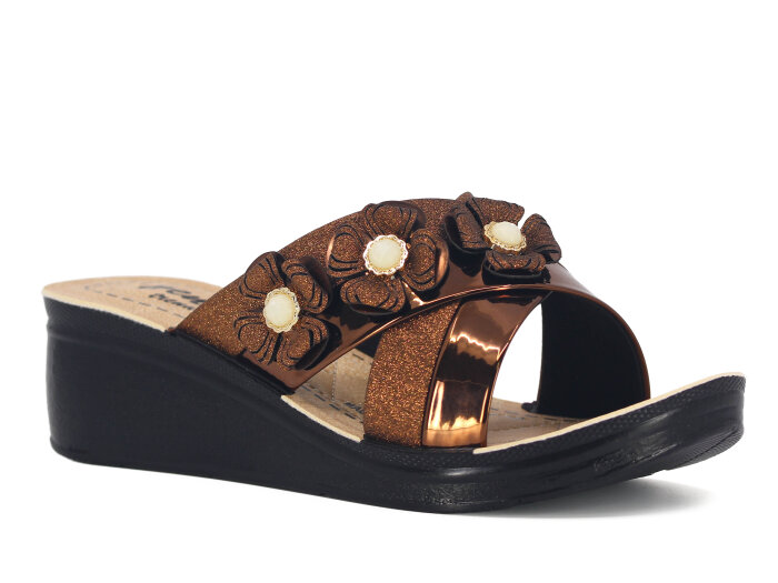 Henedi Zenne Z-3435 Çapraz Taşlı Kutulu Günlük Terlik Bronz - Henedi