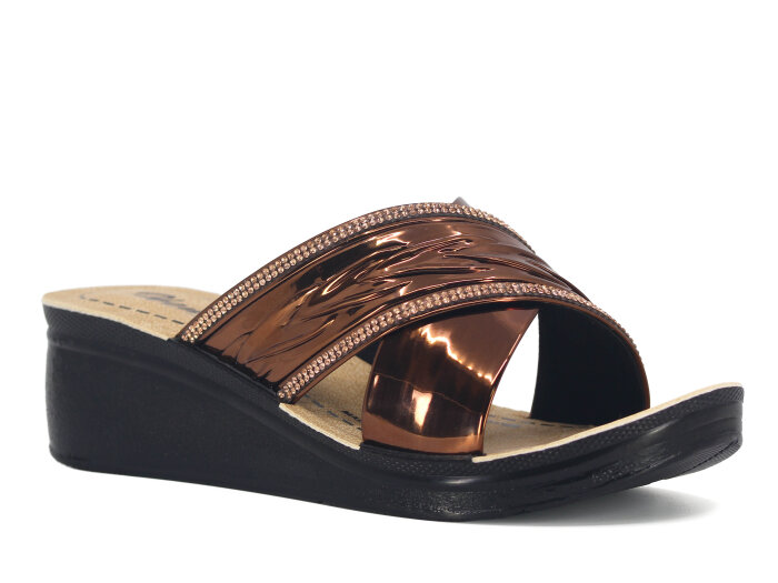 Henedi Zenne Z-3444 Çapraz Taşlı Ayna Bantlı Kutulu Günlük Terlik Bronz - Henedi