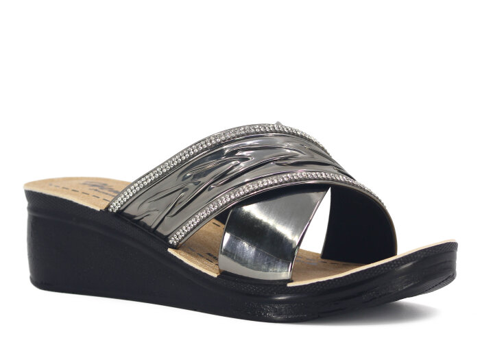 Henedi Zenne Z-3444 Çapraz Taşlı Ayna Bantlı Kutulu Günlük Terlik Füme - 1