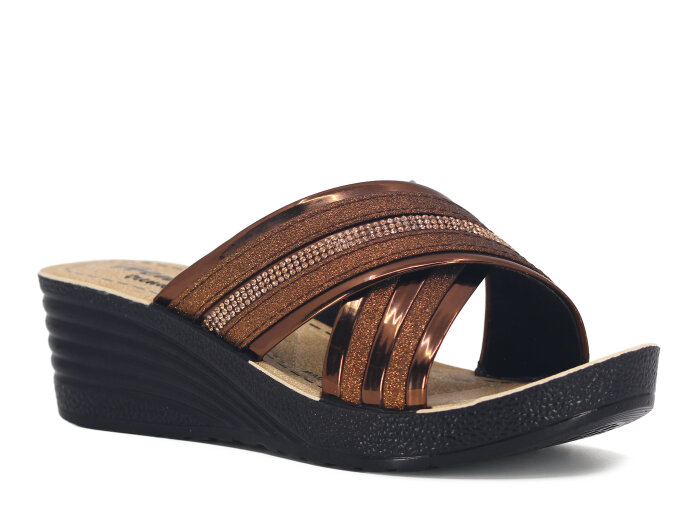 Henedi Zenne Z-3469 Çapraz Taşlı Ayna Bantlı Kutulu Günlük Terlik Bronz - 1