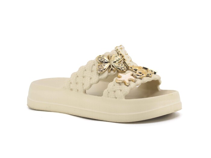 Lotus Filet Eva-33 Çift Bant Örgülü Taşlı Lux Eva Terlik Krem - 1