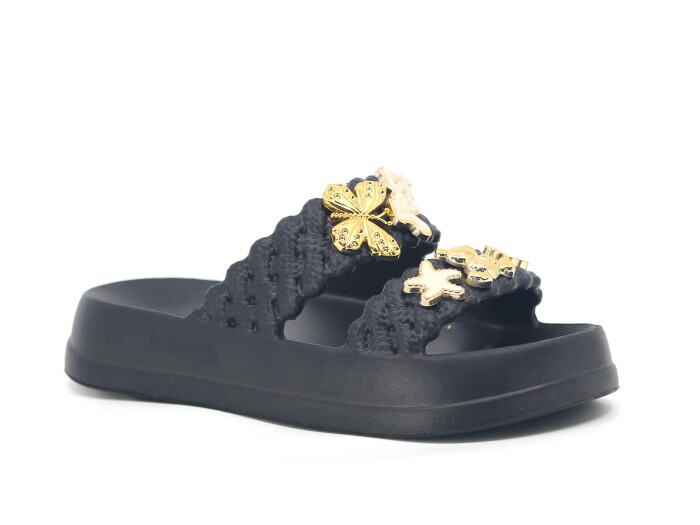 Lotus Filet Eva-33 Çift Bant Örgülü Taşlı Lux Eva Terlik Siyah - 1