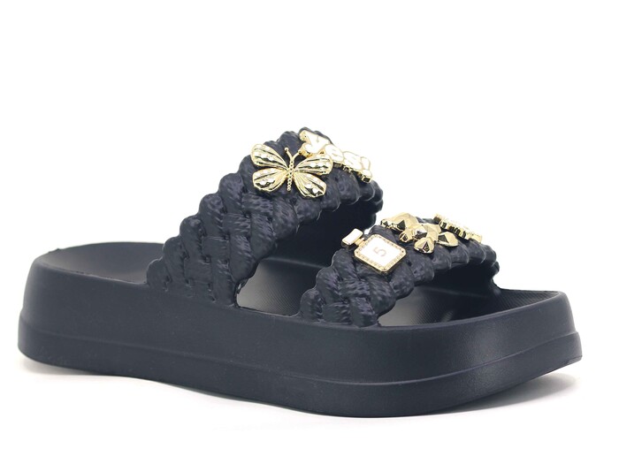 Lotus Zenne Eva-18 2 Bant Örgülü Taşlı Lux Eva Terlik Siyah 