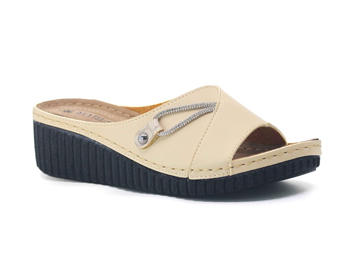 Mahli Zenne MH-Z02-06 Taşlı Monta Kutulu Günlük Terlik Krem - Mahli