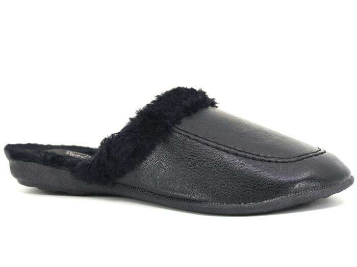 Maş Merdane Kürklü Deri Ev Terliği Siyah - Maş