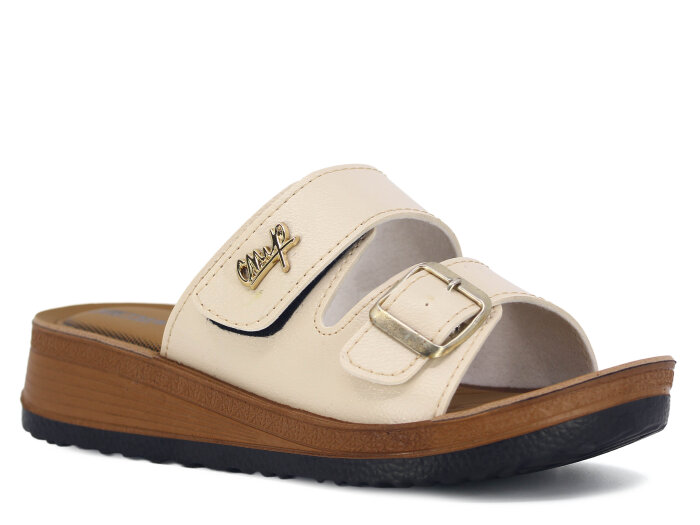 Metmax Zenne 1855 Oxfort Cırtlı Tokalı Günlük Terlik Krem - Metmax