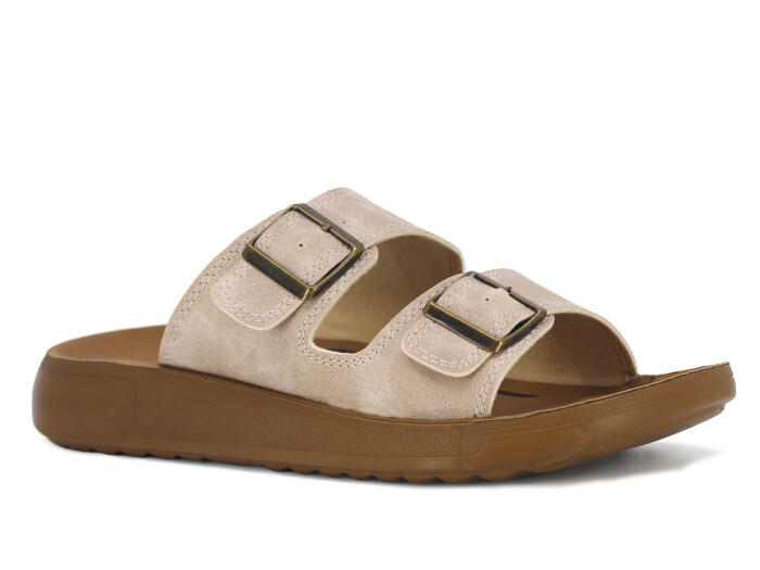 Sue Merdane 5352 Çift Toka Enj.Poşetli Günlük Terlik Bej - Sue