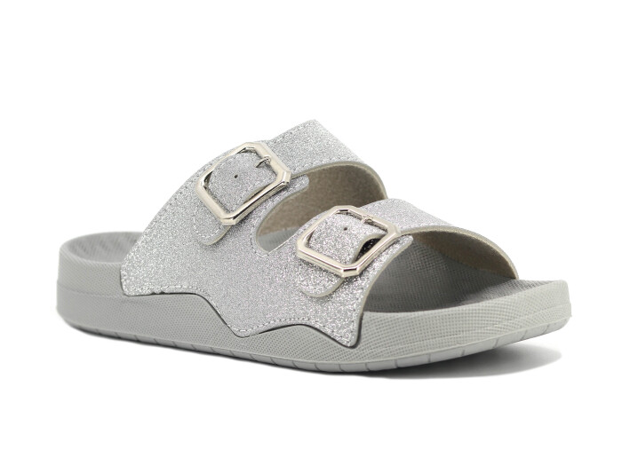 Mulex Zenne 11651-Simli Çift Toka Günlük Terlik Gümüş - Mulex