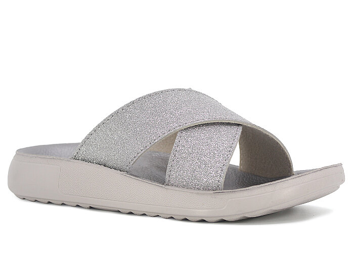 Sue Zenne 1354-Simli Çapraz Kutulu Enj. Günlük Terlik Gümüş - Sue