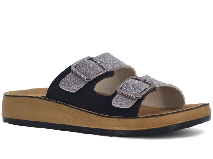 Mulex Zenne 1503 Çift Toka Enj. Simli Günlük Terlik Füme - Mulex