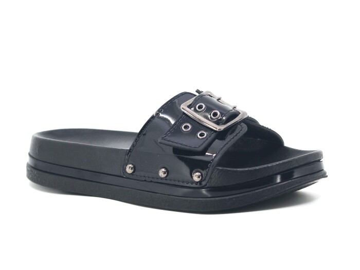 Mulex Zenne 2253 Soft Taban Büyük Tokalı Kutulu Günlük Terlik Siyah Rugan - Mulex