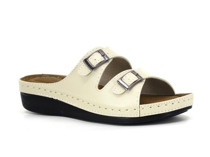 Mulex Zenne 2952 Monta İçi Dikişli Çift Toka Günlük Terlik Bej - Mulex