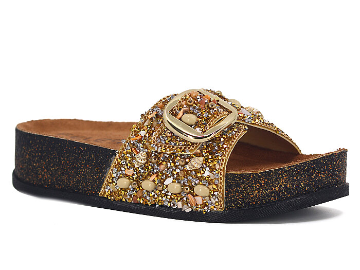 Piomi Zenne 8011 Çift Toka Taşlı Kutulu Günlük Terlik Altın - Piomi