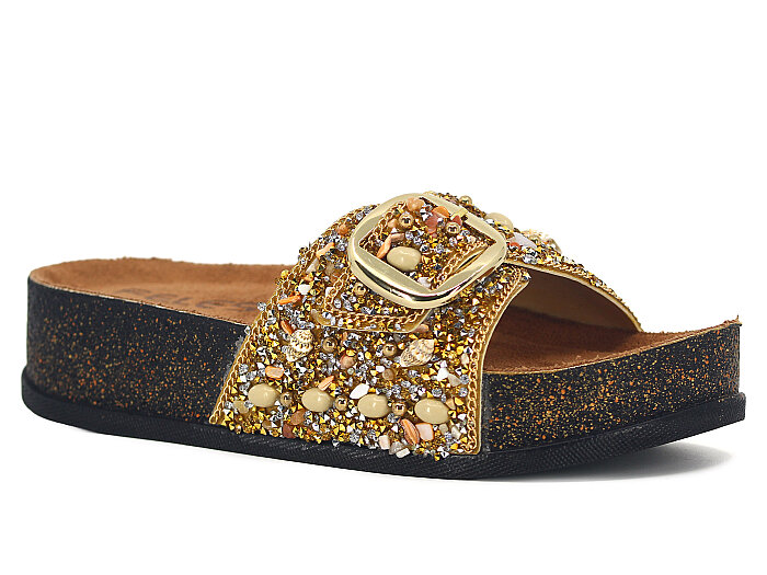 Piomi Zenne 8011 Çift Toka Taşlı Kutulu Günlük Terlik Altın - Piomi