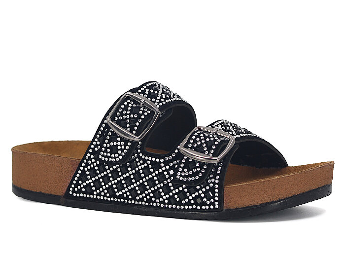 Polen Zenne 1003.Z.005 Taşlı Günlük Terlik Siyah - Gümüş - Polen
