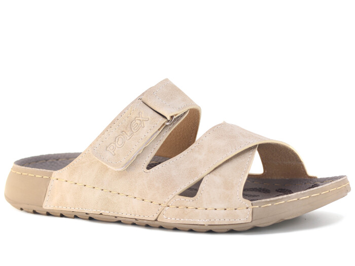 Polex Merdane 20059 Çapraz Cırtlı Tokalı Spor Taban Günlük Terlik Bej - 1