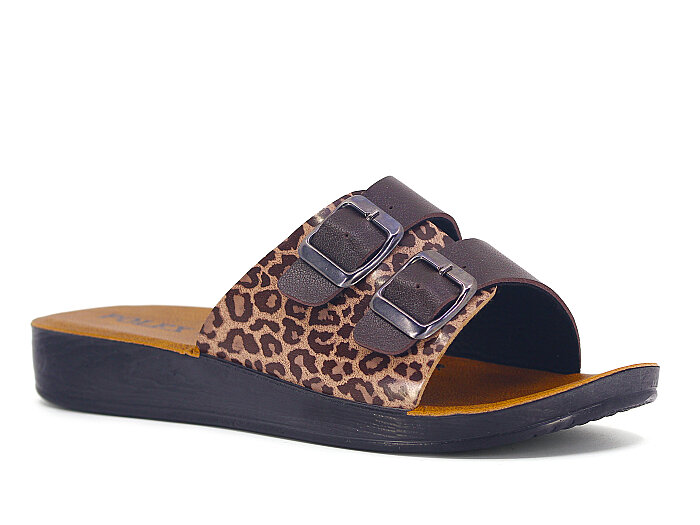 Polex Zenne 1054 Çift Toka Cilt Günlük Terlik Kahve - Kahve Leopar - Polex