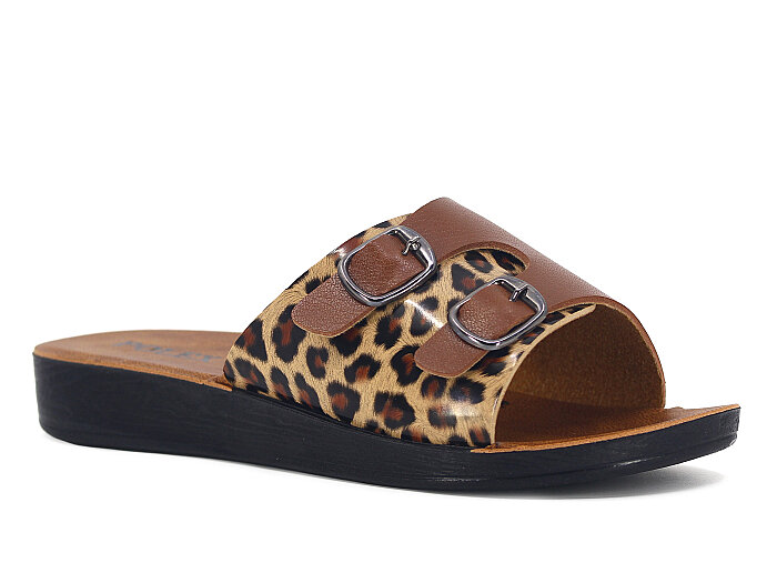 Polex Zenne 1062 Küçük Çift Toka Cilt Günlük Terlik Taba - Taba Leopar - 1