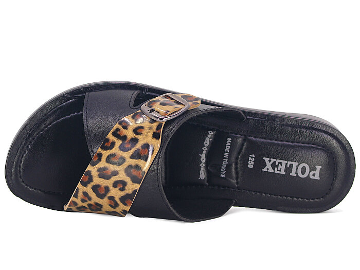Polex Zenne 1262 Çapraz Tokalı Pedli Günlük Terlik Siyah - Kahve Leopar - Polex (1)