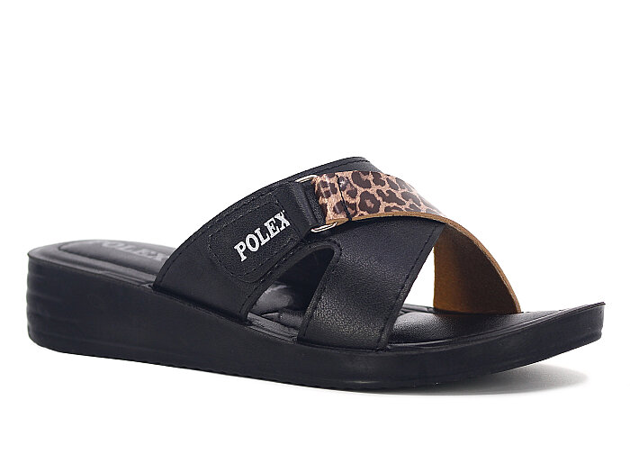 Polex Zenne 1403 Çapraz Cırtlı Pedli Günlük Terlik Siyah - Kahve Leopar - 1