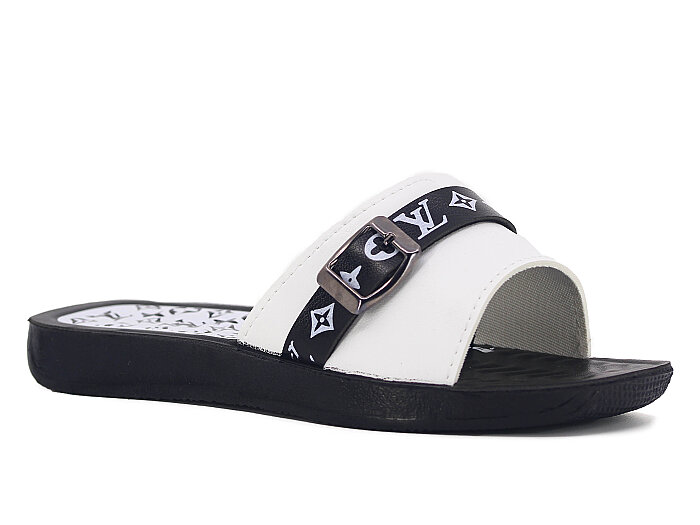 Polex Zenne 16005 Tek Toka Şeritli Köşe Taban Parçalı LV Günlük Terlik Beyaz - Siyah - Polex