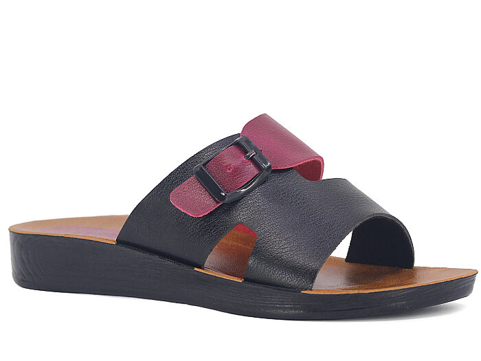 Polex Zenne 5063-C Tek Toka Çift Bant Parçalı Günlük Terlik Siyah - Bordo - 1