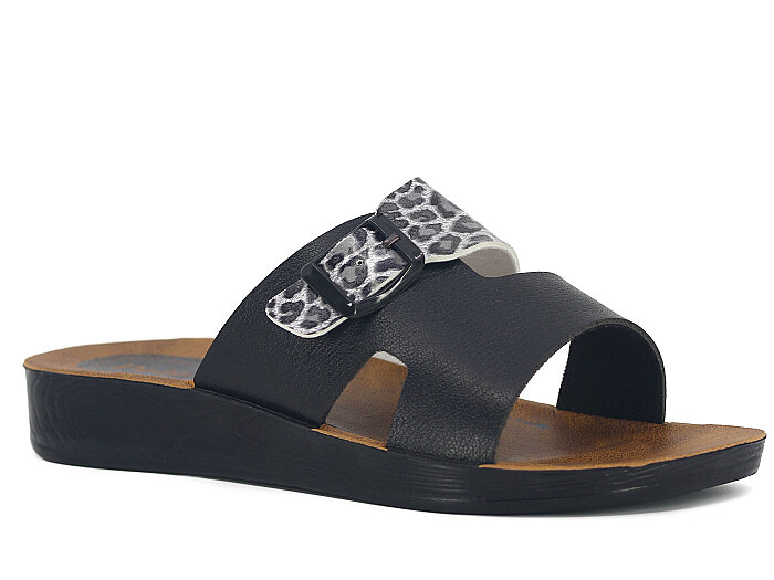 Polex Zenne 5063-C Tek Toka Çift Bant Parçalı Günlük Terlik Siyah Leopar 