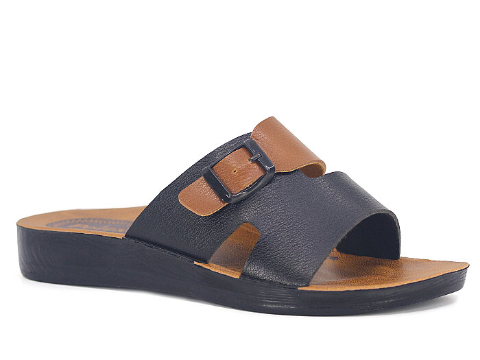 Polex Zenne 5063-C Tek Toka Çift Bant Parçalı Günlük Terlik Siyah - Taba - 1