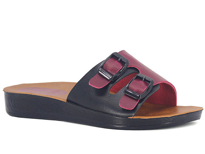 Polex Zenne 5064-C Çift Toka Parçalı Günlük Terlik Siyah - Bordo - 1