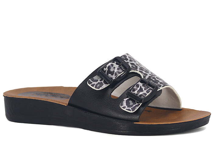 Polex Zenne 5064-C Çift Toka Parçalı Günlük Terlik Siyah - Siyah Leopar 