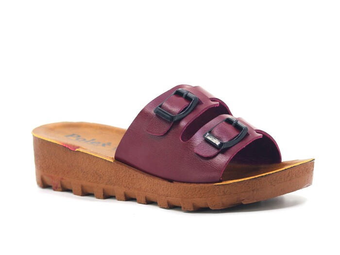Polex Zenne 5252-C Çift Toka Traktör Taban Günlük Terlik Bordo - Camel 