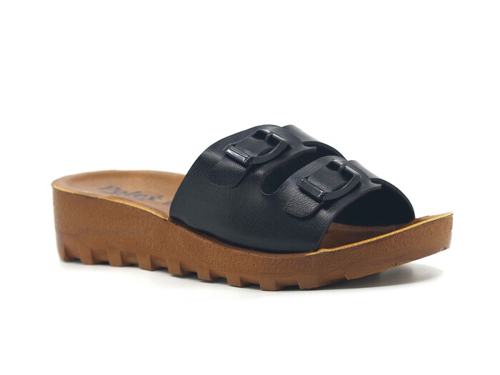 Polex Zenne 5252-C Çift Toka Traktör Taban Günlük Terlik Siyah - Camel - 1