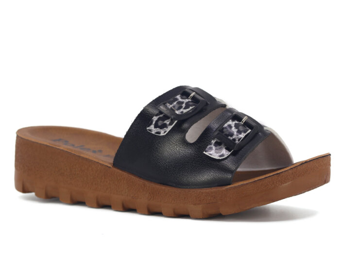Polex Zenne 5252-C Çift Toka Traktör Taban Günlük Terlik Siyah - Siyah Leopar - 1