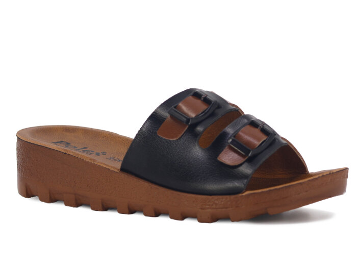 Polex Zenne 5252-C Çift Toka Traktör Taban Günlük Terlik Siyah - Taba - Polex