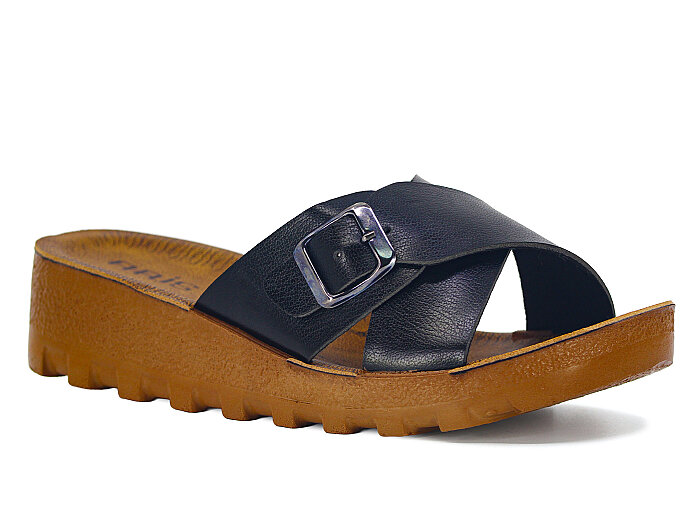 Polex Zenne 5255-C Çapraz Tokalı Traktör Taban Günlük Terlik Siyah - Camel - Polex