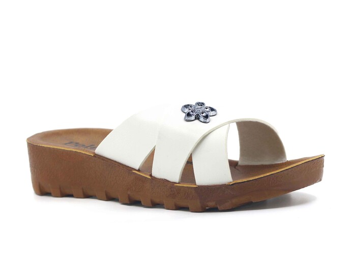 Polex Zenne 5257-C Yan Gül Süslü Traktör Taban Günlük Terlik Beyaz - Camel